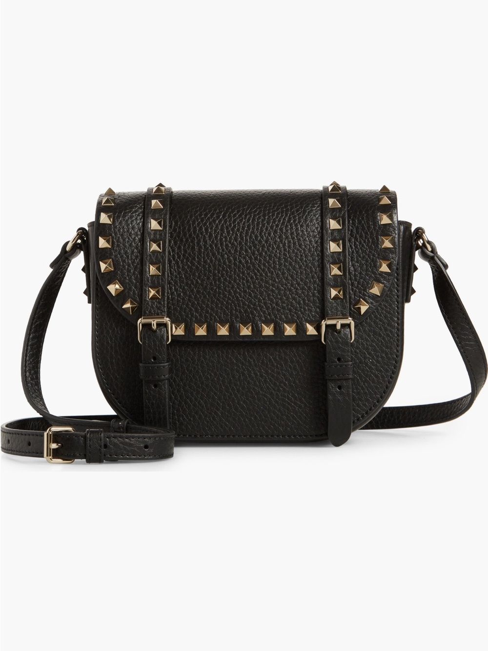 Valentino Garavani Black Leather Rockstud Saddle Crossbody with Gold Studs
